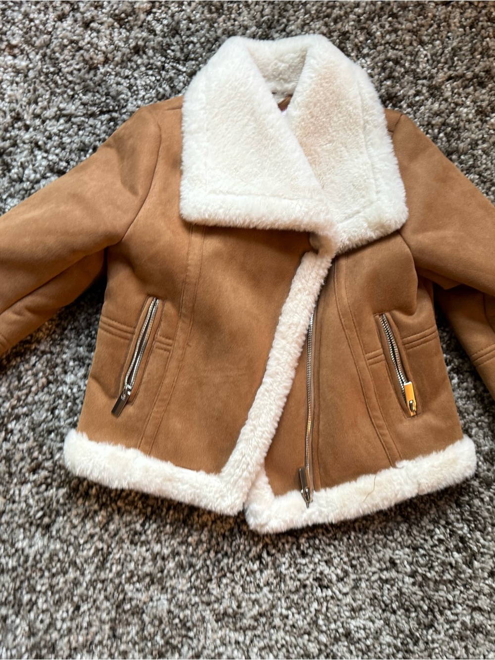 Kids Tan Faux-Suede Shearling Jacket with Cream Trim